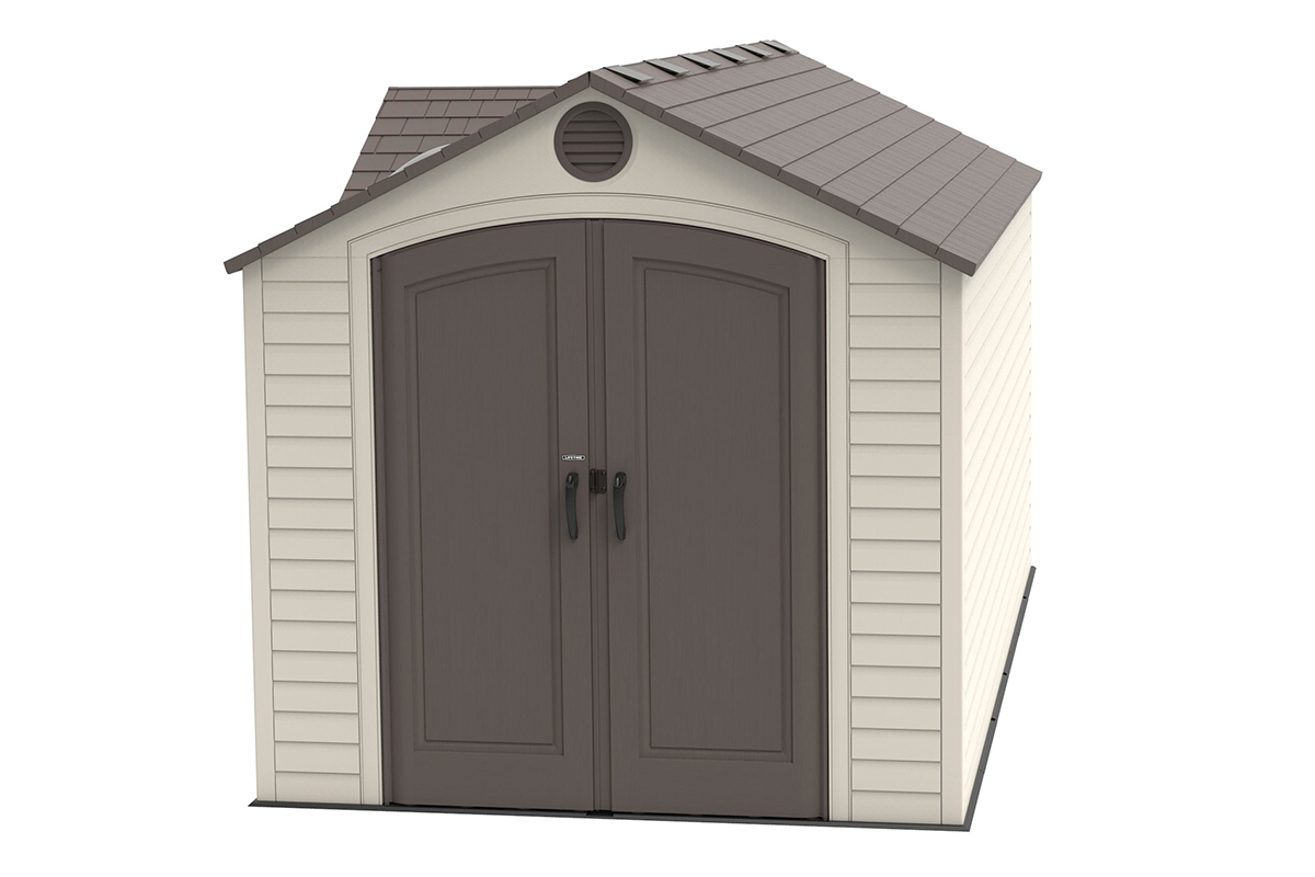 Сарай (хозблок) пластиковый LifeTime 15x8 DD 60079 габариты 239 х 452 см с двускатной крышей для дачи или загородного дома