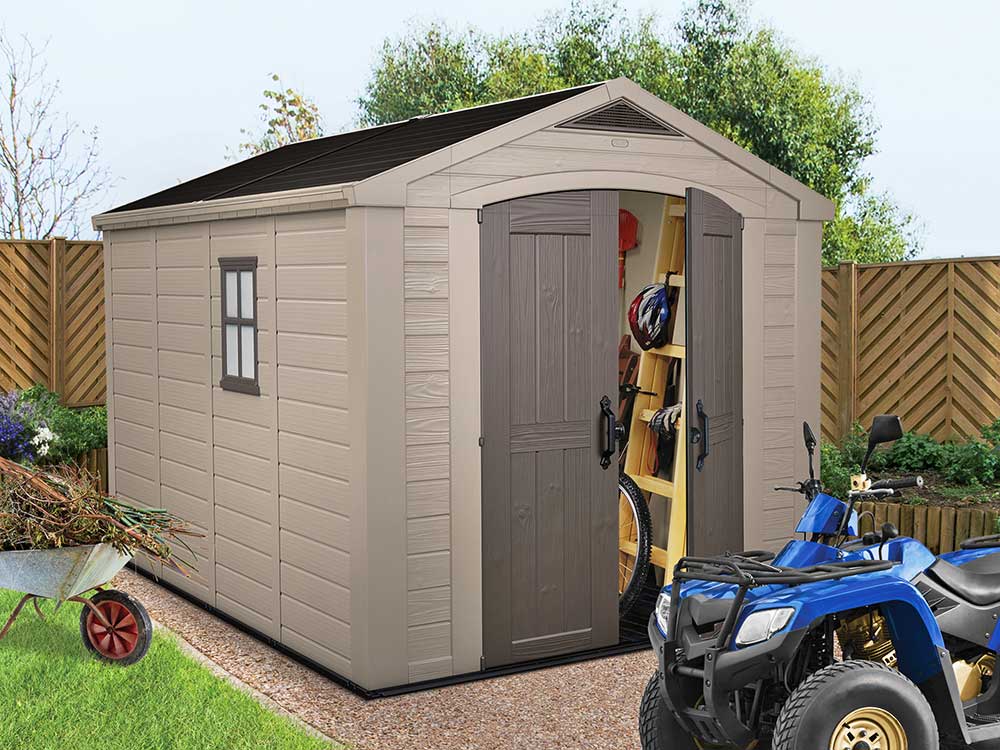 Сарай (хозблок) пластиковый Keter FACTOR 8x11 габариты 331,5 х 256,5 см с двускатной крышей для дачи или загородного дома